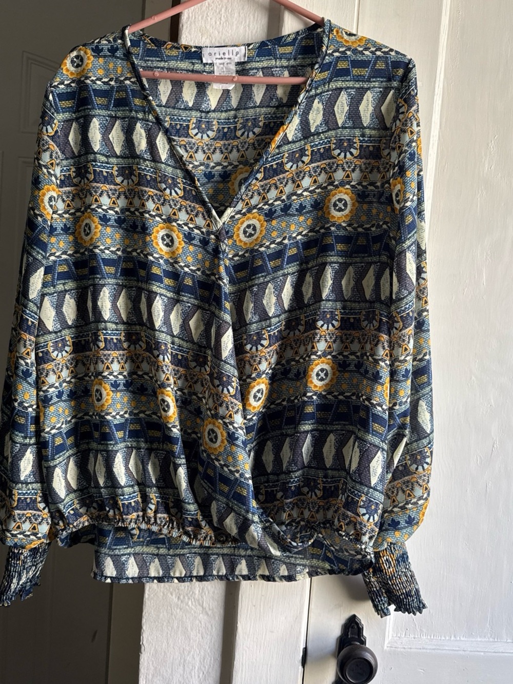Ariella Navy, Yellow & Cream Geometric Medallion Top